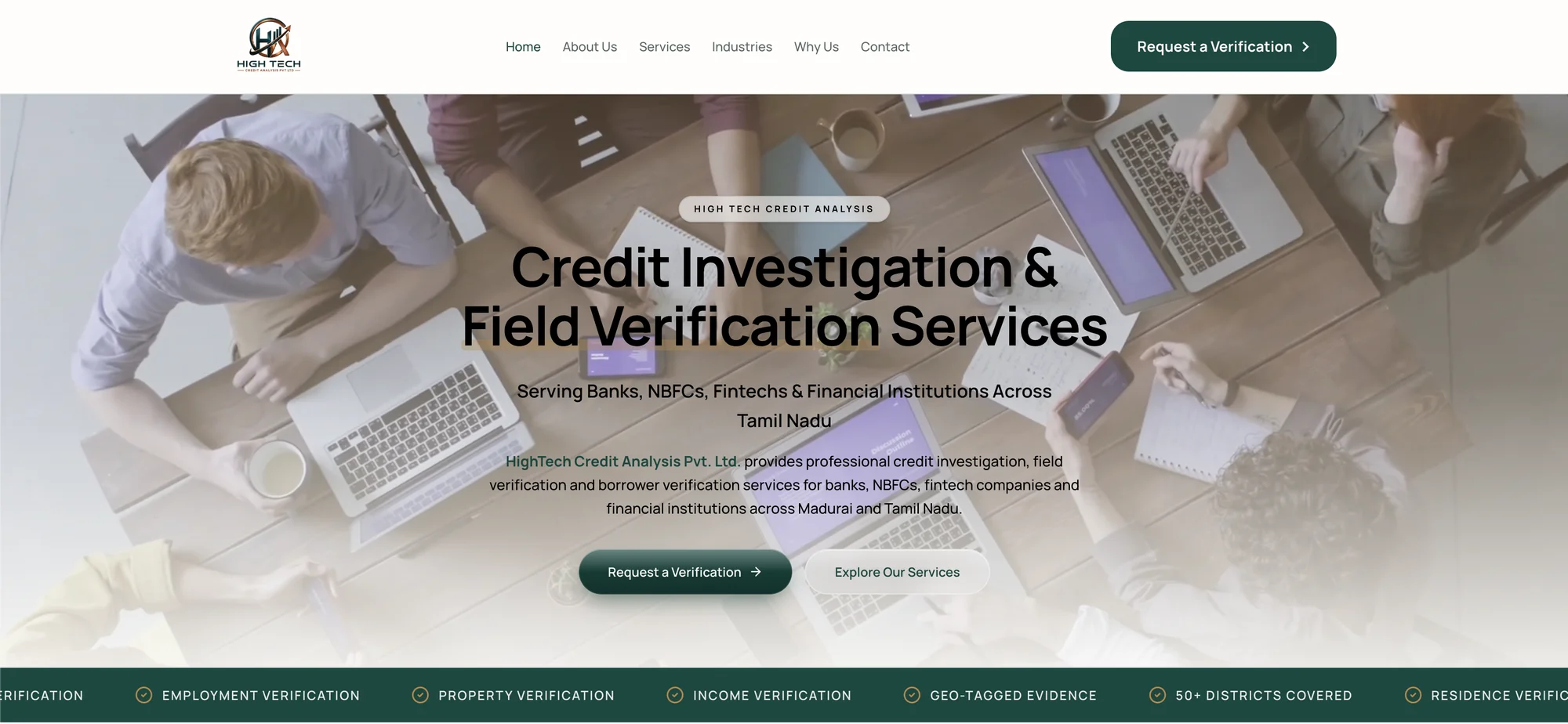 Home page of the High Tech Credit Analysis website: credit investigation and field verification services for banks, NBFCs and fintechs across Tamil Nadu